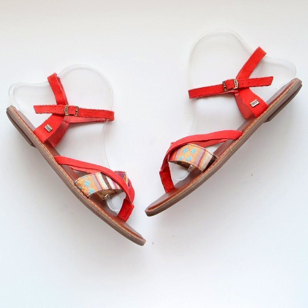 Toms Lexie Red Suede Leather & Canvas Strappy Slingback Thong Flat Sandals 8.5 W